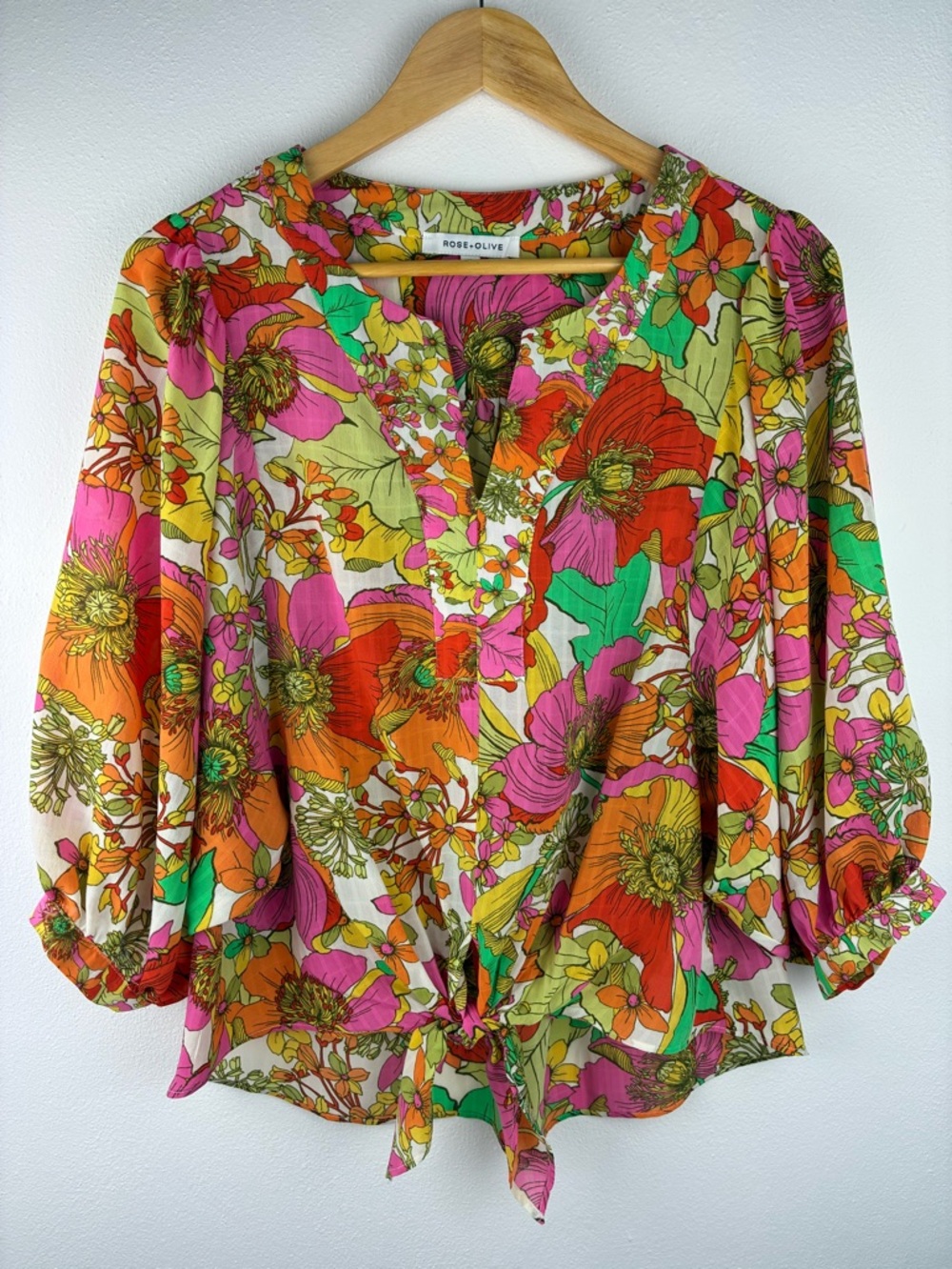 Rose + Olive Floral Tie Front Blouse Medium Bright Boho High Low Top M - Picture 2 of 7